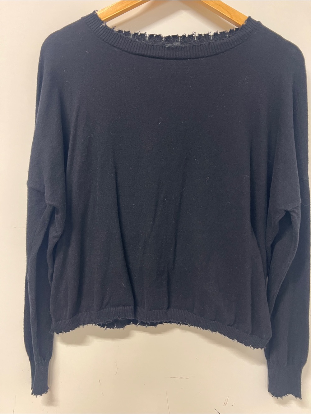 MinnieROSE Frayed Edge Crew Sweater, Black, XS/S, Cotton/Cashmere Blend